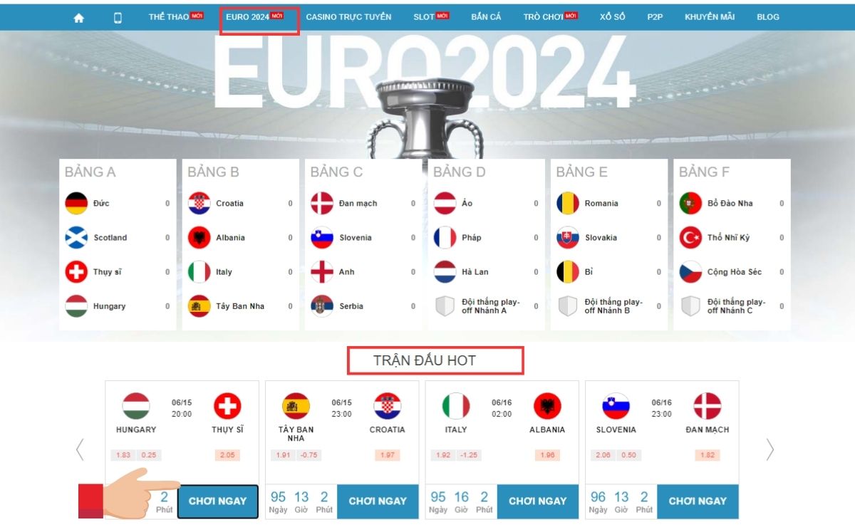 chọn mục euro 2024 tại trang chủ